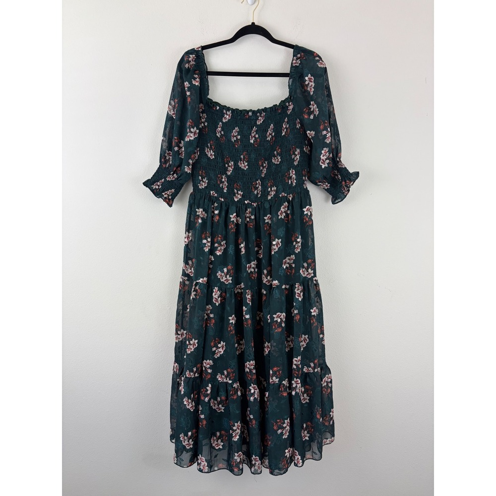 Cottagecore Green Midi XL Dress Boho Floral Feminine Smocked Tiered Chiffon